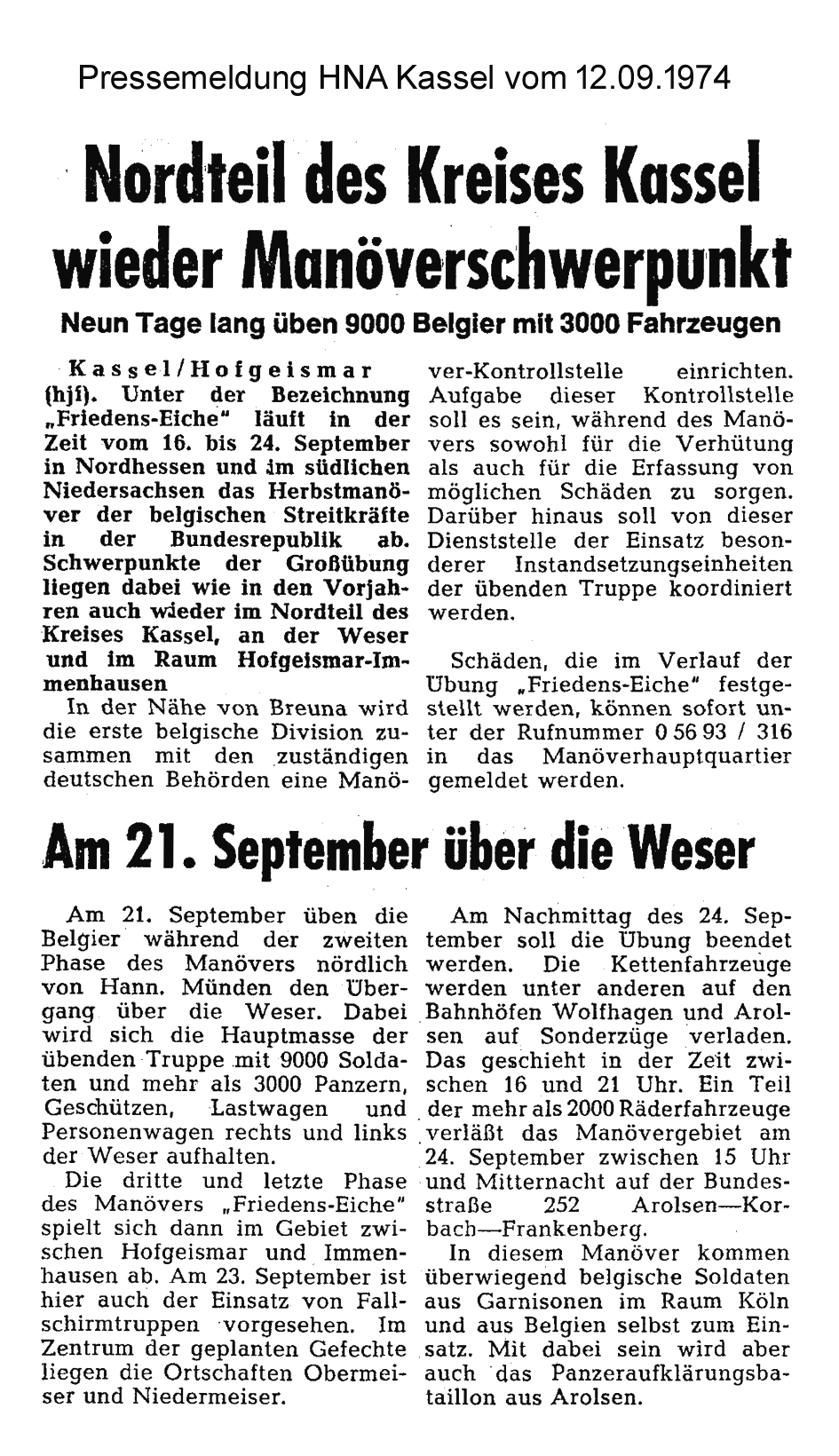 Belg Manöv Friedens Eiche HNA 12 09 74